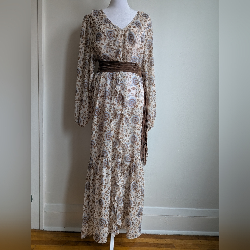 Lucky Brand Floral Boho Ruffle Trim Maxi Dress Long Sleeves Prairie Style Size S